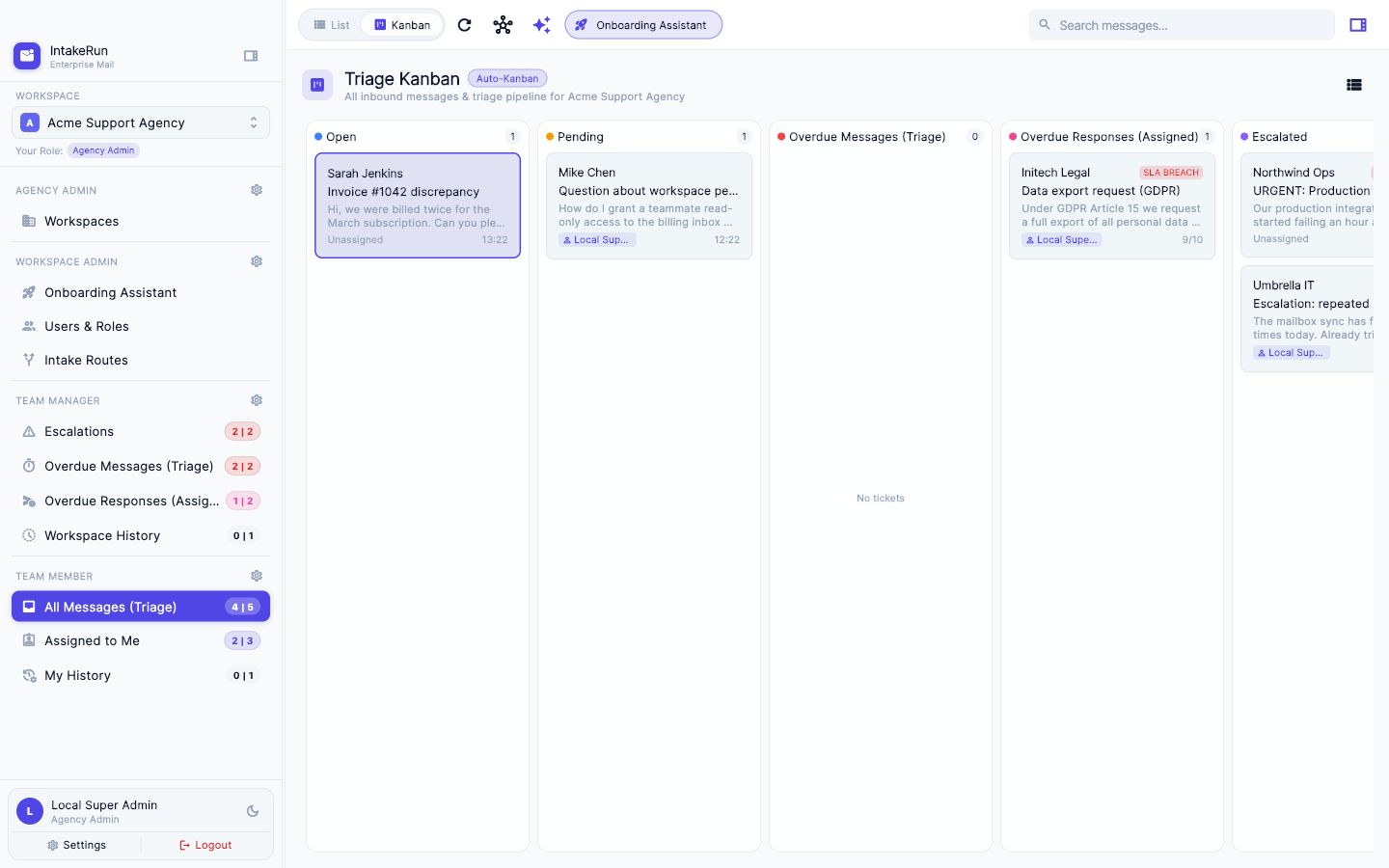IntakeRun kanban triage board on macOS